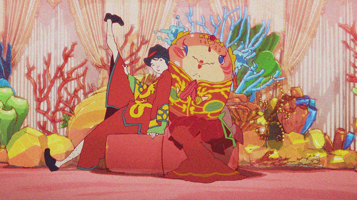 Animated still of a man in red sitting with one leg high in the air next to a human-sized fish in red with hands clasped together and a smile. A coral setting is behind them.