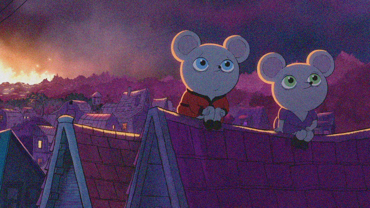 Two mice in robes sit on the roof of a house looking off-screen. A fire can be seen in the background forest.
