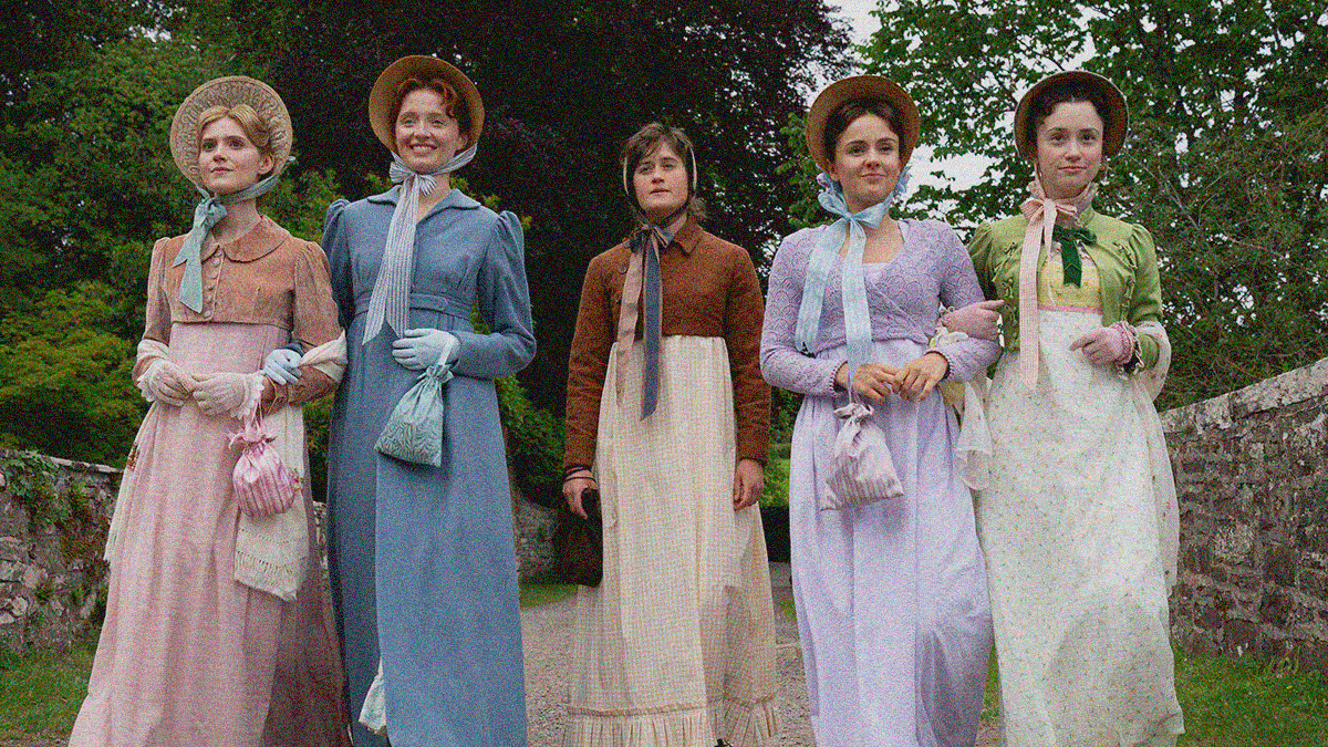 Five young women in bonnets walk towards the camera. The two on the left and two on the right are smiling with arms connected. The one in the middle is set back alone.