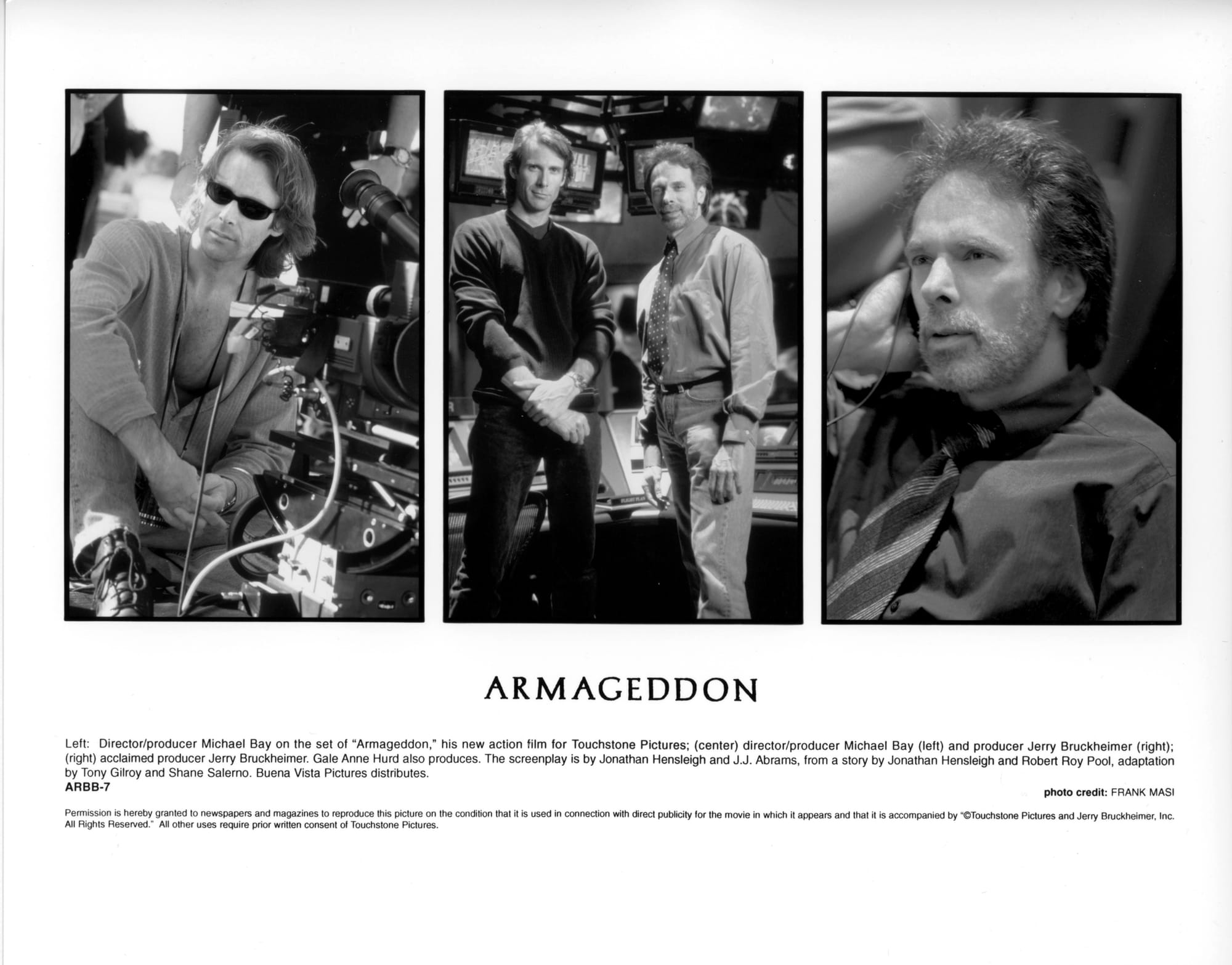 A triptych of black and white publicity photos. Left: A man with long hair and sunglasses is seated on ground looking off-screen next to a movie camera. Middle: Two men pose for the camera in front of a computer display desk. Right: A bearded man looks off-screen attentively with his right hand holding something to his ear.