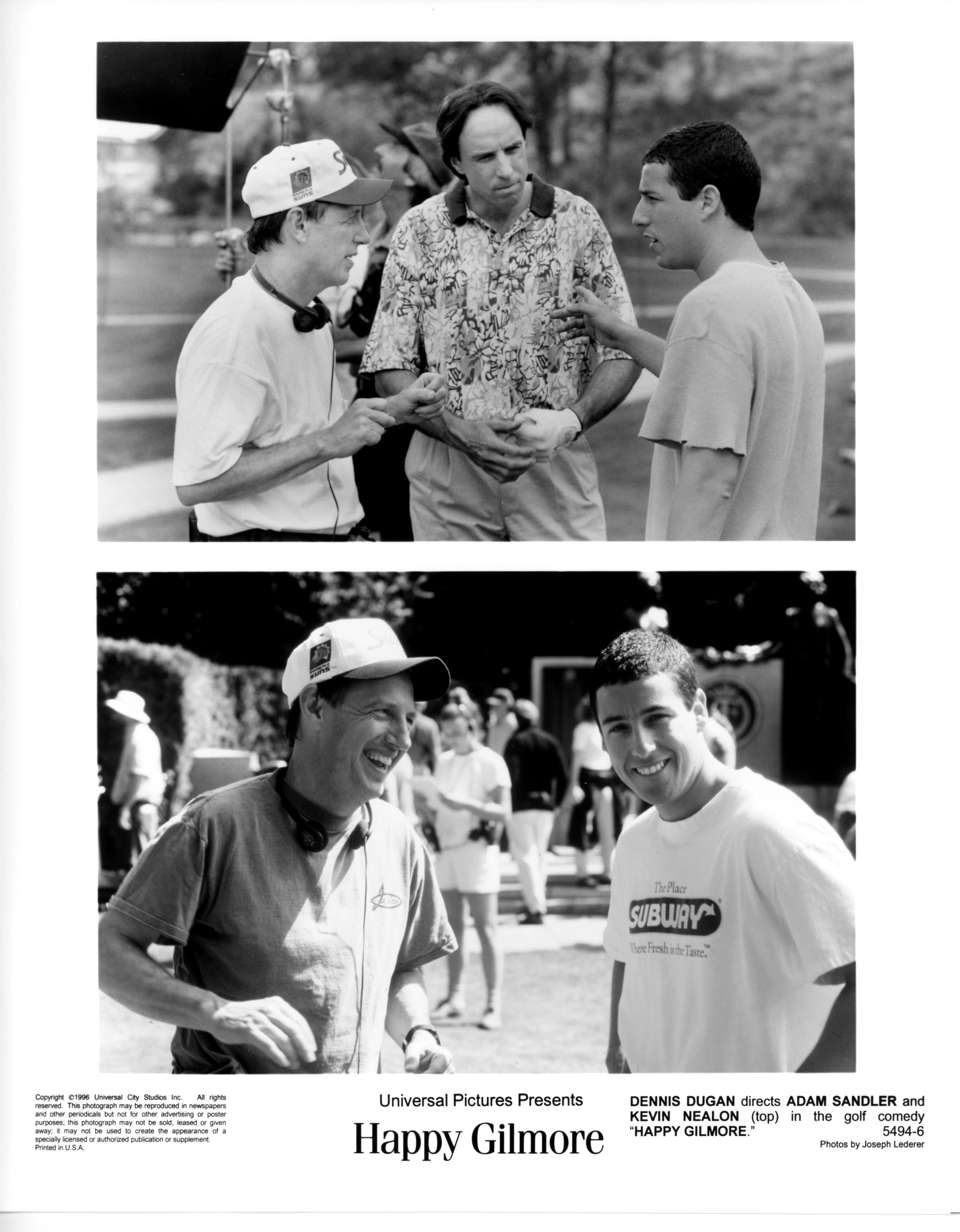 Black and white publicity photos. Top shows the three men standing on set discussing a scene. Bottom shows the two men standing on set laughing.