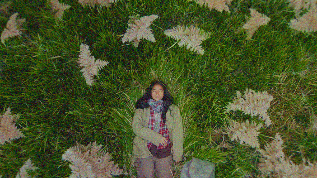 Overhead shot of a woman lying in a field of grass with her eyes closed.