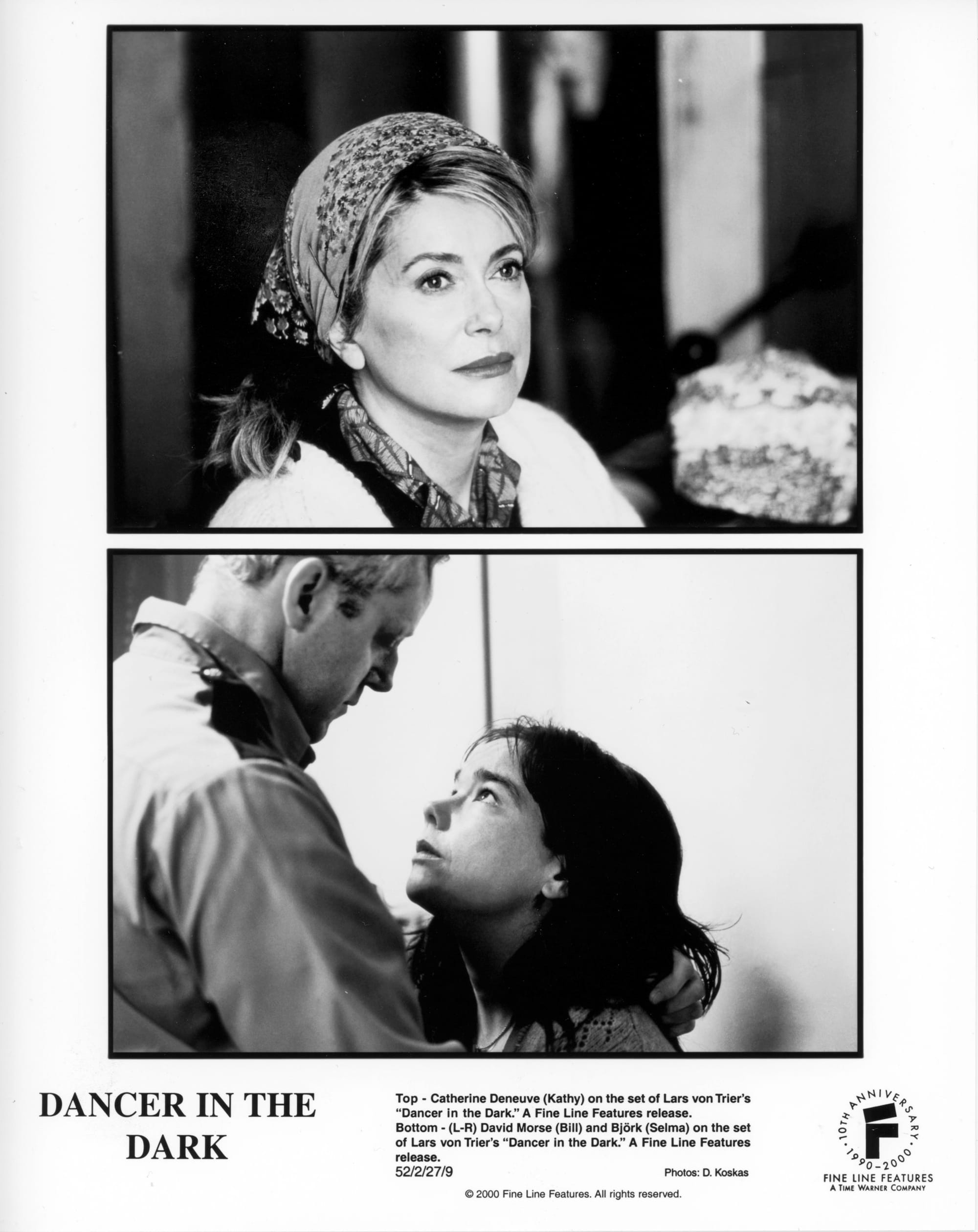B&W publicity photos - Top: Close-up of a woman with hair wrapped in a scarf, looking solemnly upward. Bottom: Close-up of a dark-haired woman looking up at a man in uniform standing above her.