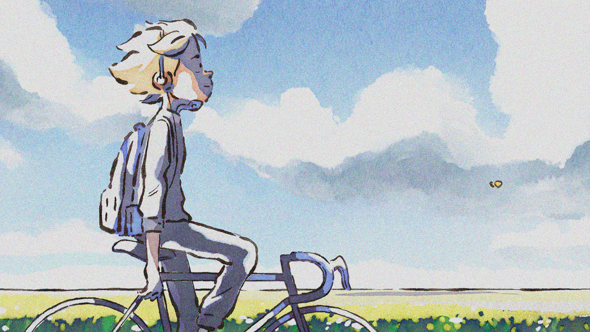 Animated scene of a boy with headphones riding a bicycle with the flat country side and blue sky behind him. His arms hang by his sides.