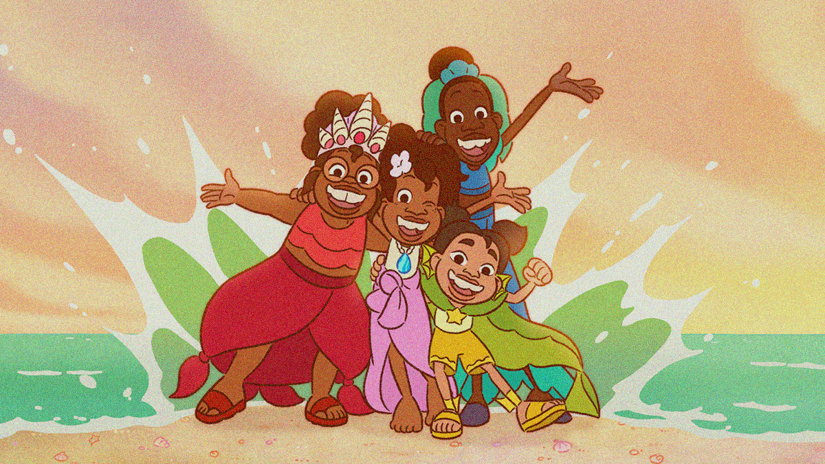 Animated image of four kids smiling in an embrace on the beach. A water splash can be seen behind them.