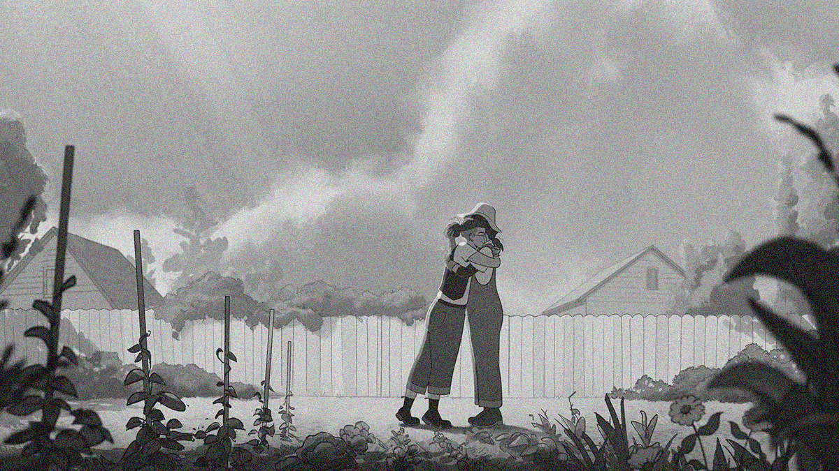 B&W animation of a woman with undercut hugging her mother in overalls. White fence is behind them, a garden is in foreground, and cloudy sky in the background.