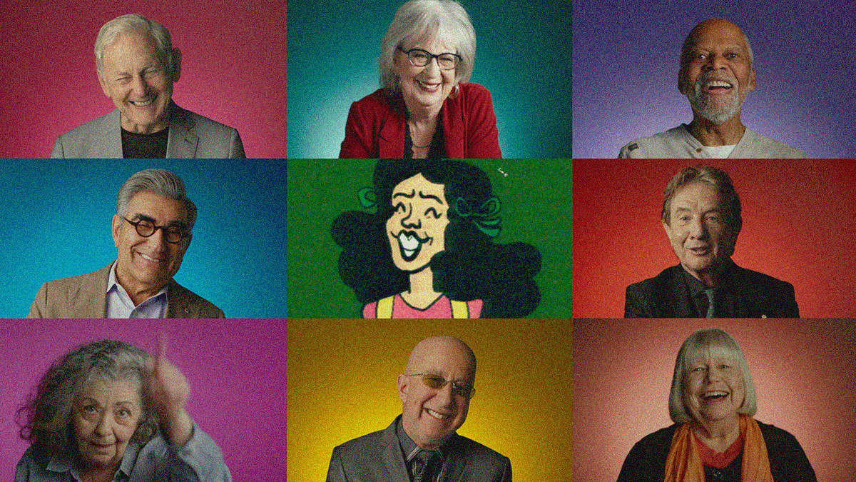 Nine box grid of actors on colors backgrounds with an animated Gilda Radnor in the center.