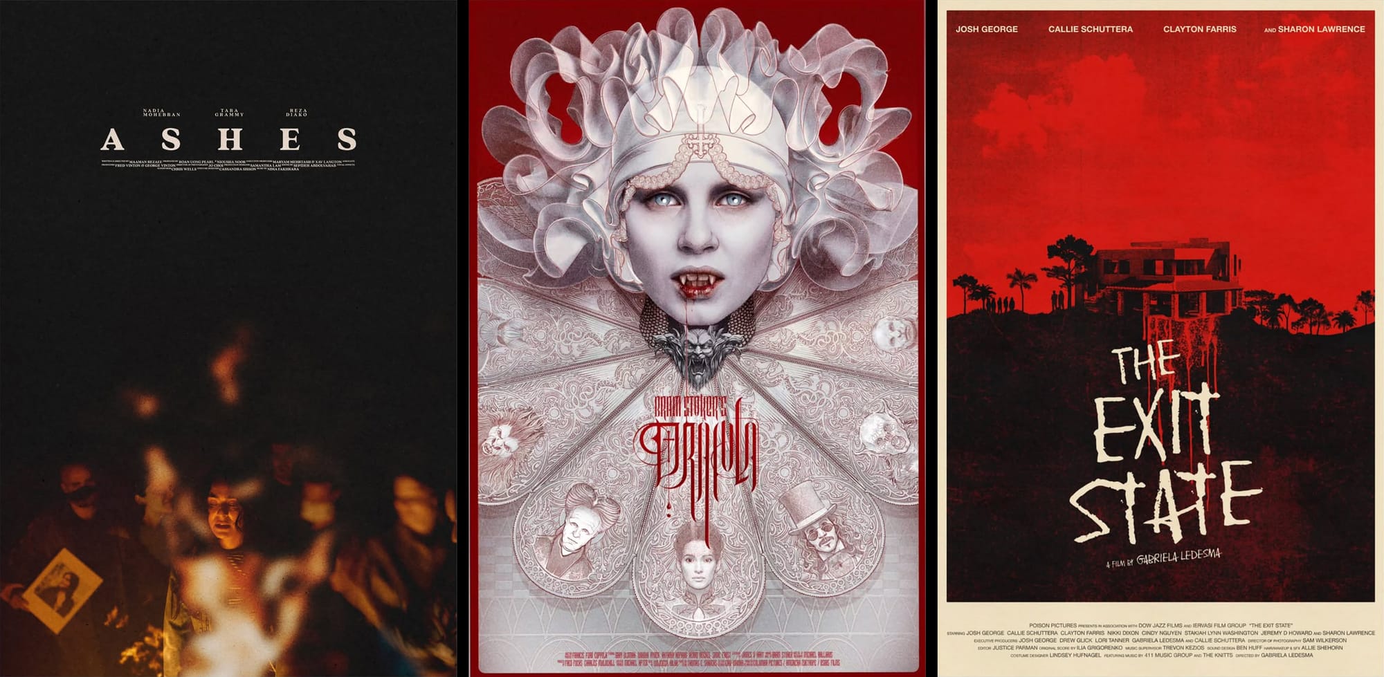 Black page with a night scene pushed to the bottom half that depicts a woman with eyes closed standing in front of a crowd of people. What looks like the flames of a bonfire are seen between her and us. Title is centered above in white. | Illustration of a vampire woman in portrait, she stares at us with blood covering her lips and fangs. She wears an ornate white head piece with a lace collar that contains an illustration of the rest of the main cast—one in each triangular piece in a radial pattern around her neck. | A framed lo-fi duotone image of an expensive home on a hill. The land, trees, and people gathered at left are in black silhouette. The sky above and house are red with blood drops flowing down the hill. The title is large and stacked to fill the black space between the house and credit box at bottom.