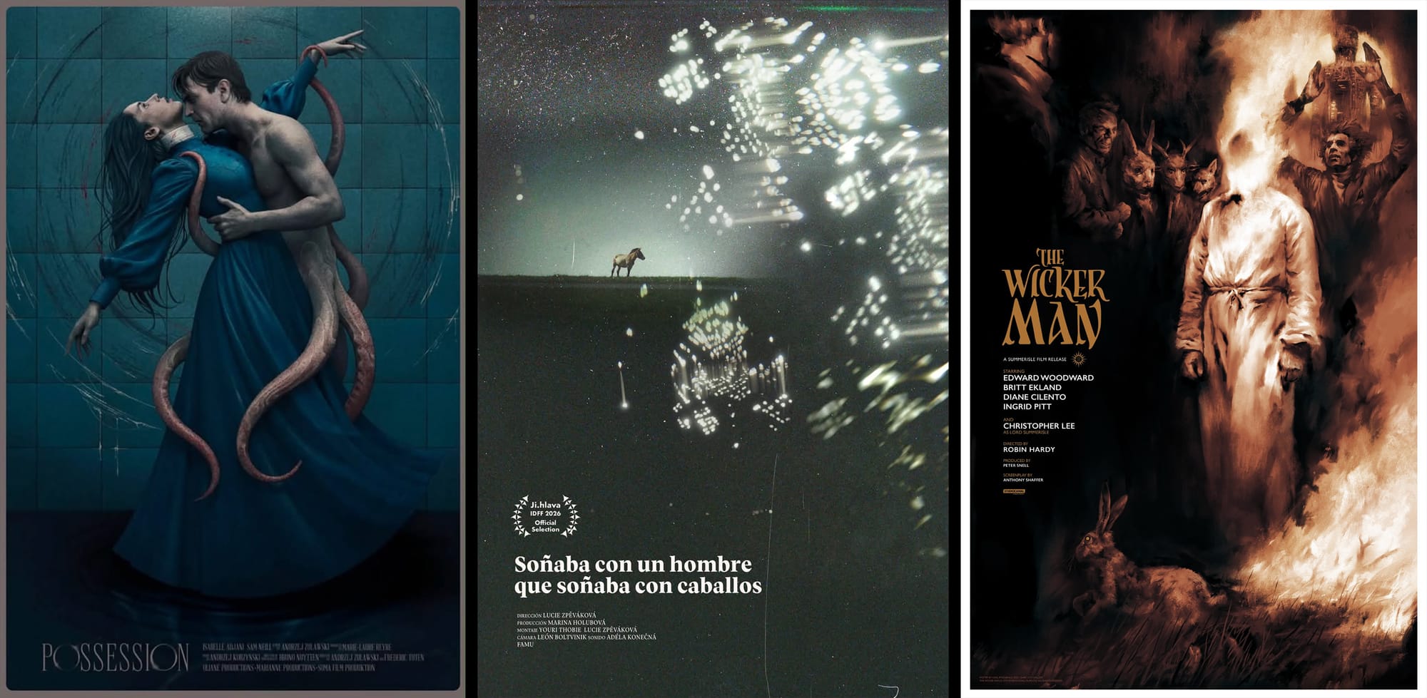 Painting of Isabelle Adjani in her iconic back tilt repose with Sam Neill holding her up as a Lovecraftian monster whose human torso extends into five tentacles wrapping around her. | Muted black image of a horse small on the horizon line. The bottom two-thirds are dark ground. The top is a gray sky. Above the image is a texture of bright lights giving the whole a nice ethereal quality. Title and credits are tucked in the bottom left corner. | Painting of a figure in white whose head is flames that continue around him. A man stands behind him with arms in air. The iconic Wicker Man is behind him. A crowd of people (some in animal masks) stand to his left. A rabbit is seen at the bottom.
