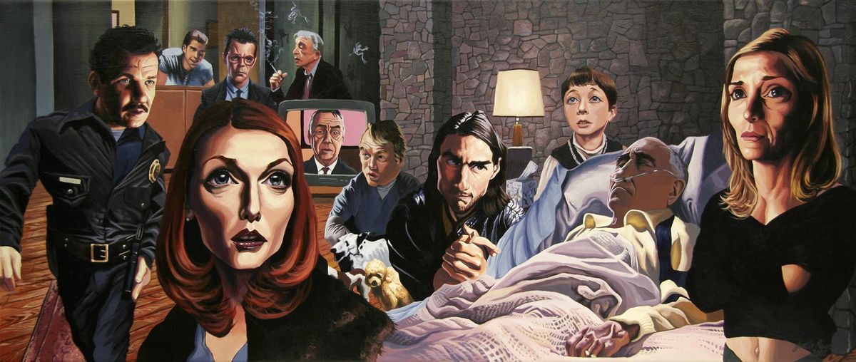 Painting inspired by PTA’s MAGNOLIA featuring the main cast engaged in actions from the film, but placed together in a single scene within the interior of Jason Robards’ character’s home.