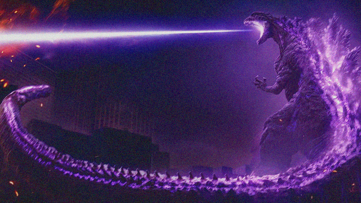 Shin Godzilla standing far right so the breadth of its tail can reach far left like the fire roar emanating from its mouth.