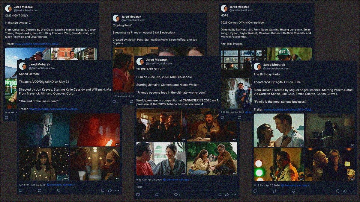 A collage of Bluesky posts with First Look images and trailer links to future titles.