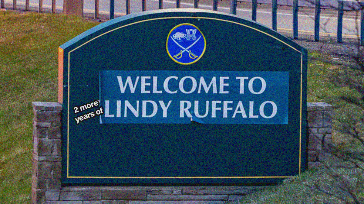 Welcome to Buffalo exterior road sign made up to read "Welcome to Lindy Ruffalo" with the Sabres logo buffalo pulling a wagon.