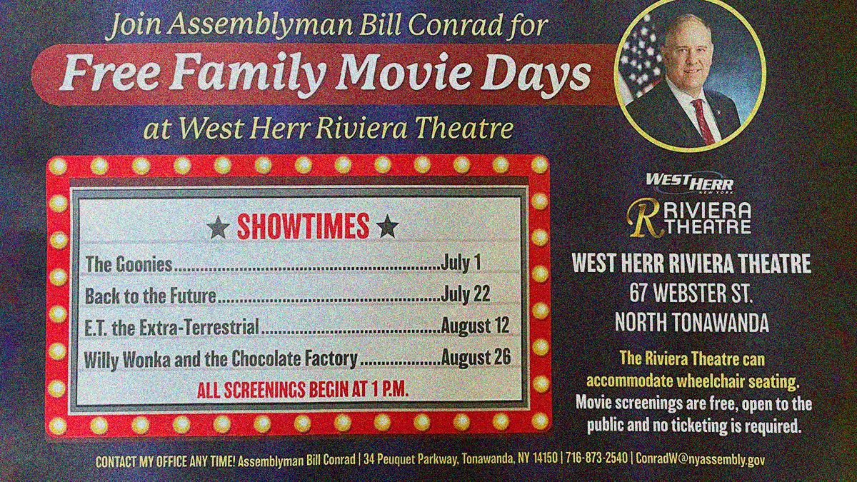 Free Family Movie Days mailer with image of Bill Conrad and a marquee with showtimes.
