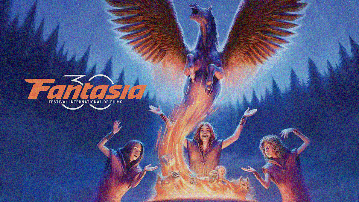 Fantasia 2026 branding with three witches around a cauldron of flames with a winged horse flying out.