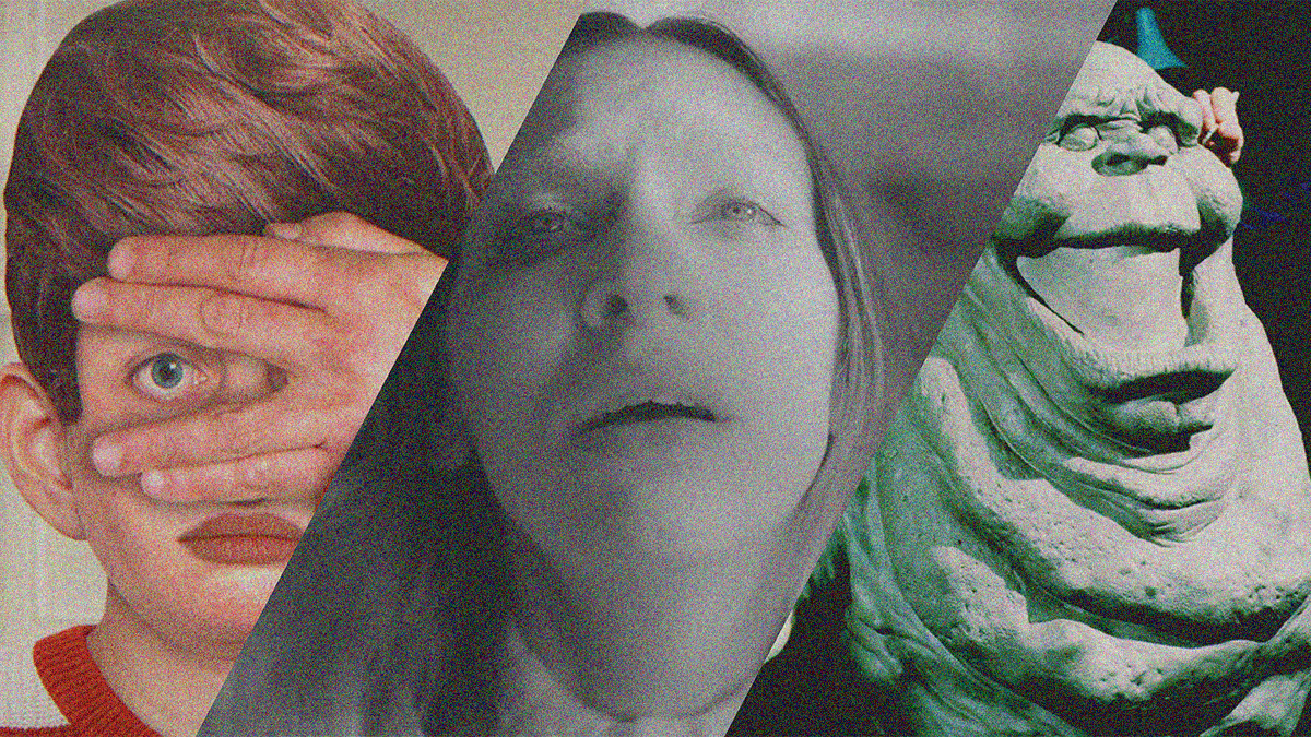Three cropped stills: Animate boy covering face but looking through fingers, woman looking upwards, and Slimer mold.