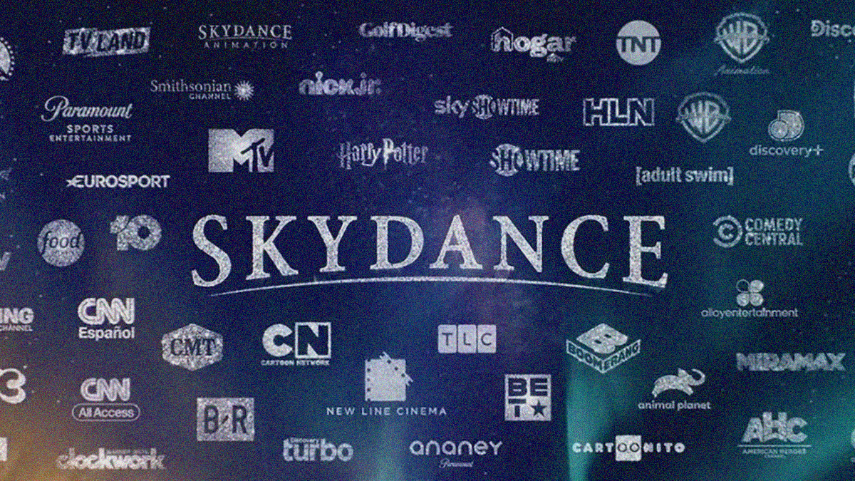 Graphic with Skydance logo large in middle and all the brands/IP logos they now own placed around it.