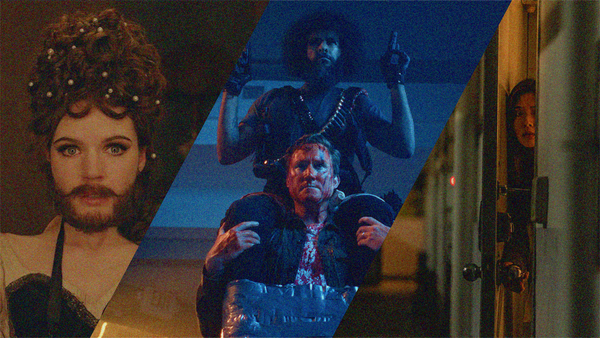 Three stills stitched together on a slant: Bearded woman, a gun-toting man on another man's shoulders, and a woman peering out the crack of a partially opened door.