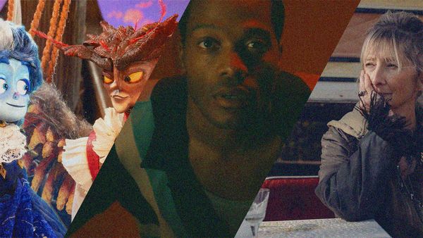 Two stop-motion puppets looking at each other; a man looking up to the sky; and a woman staring off-screen with chin in hand.