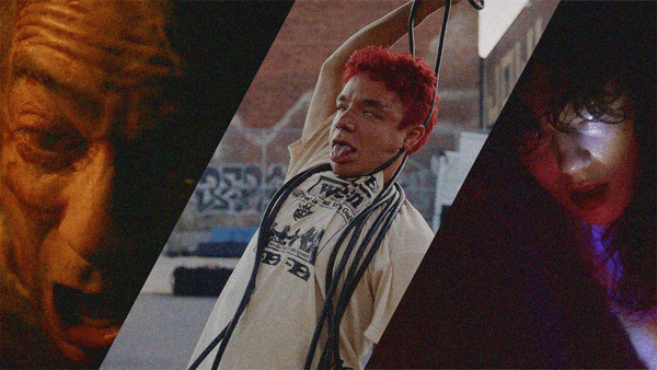 Left image: a man screaming in the dark. Middle image: a man pretending to hang himself with AV cables. Right image: a woman breathing heavy in the dark.