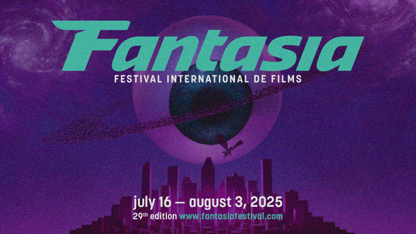Fantasia 2025 graphic: A ringed eyeball planet peers down on a metropolis while a winged horse flies above horizon. Text: July 16 – August 3, 2025; 29th edition; www.fantasiafestival.com.