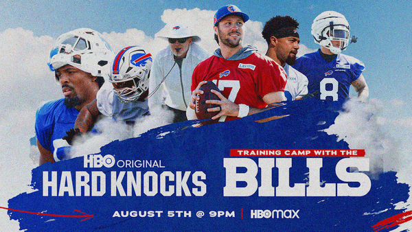 Graphic advertising HBO's Hard Knocks Training Camp with the Bills featuring Josh Allen, Sean McDermott, Khalil Shakir, and others.