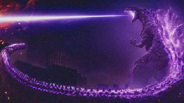 Shin Godzilla standing far right so the breadth of its tail can reach far left like the fire roar emanating from its mouth.