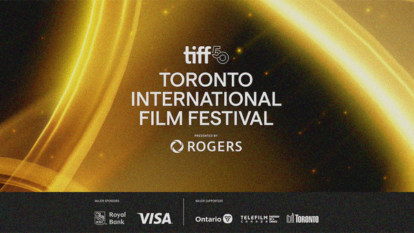 TIFF50 header image with Toronto International Film Festival presented by Rogers above a black background with glowing yellow swooshes.
