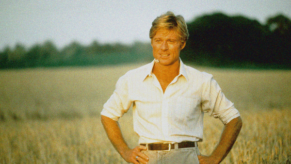 A man stands with hands on hips in a field, a flower is held by the stem between his teeth.