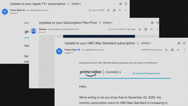 Email collage explaining price increases for AppleTV+, Disney+, and HBO Max.