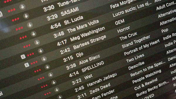 Close-up of an iTunes playlist including artists like SASAMI, St. Lucia, Bartees Strange, Djo, SPELLLING, and Sam Fender.