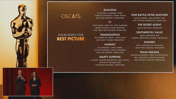 Screenshot from the 98th Academy Awards nomination announcement featuring the ten Best Picture titles.