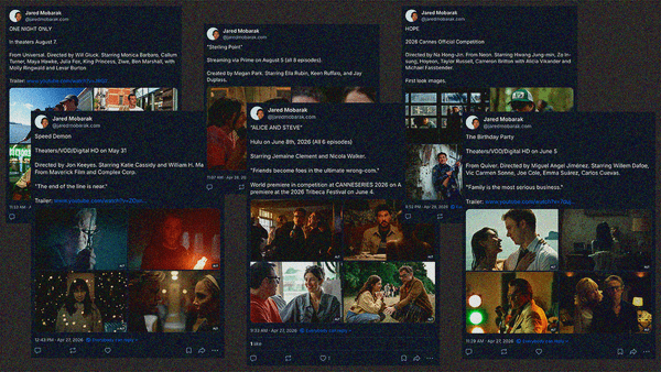 A collage of Bluesky posts with First Look images and trailer links to future titles.