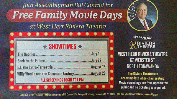 Free Family Movie Days mailer with image of Bill Conrad and a marquee with showtimes.