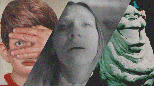 Three cropped stills: Animate boy covering face but looking through fingers, woman looking upwards, and Slimer mold.