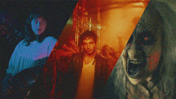 A woman with white eyes and a giant insect wrapped around her; A man staring at camera amidst a rave; An old woman screaming with glowing eyes.