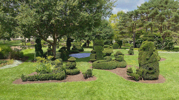 An interpretation via sculpted yews of Georges Seurat's A Sunday Afternoon on the Island of La Grande Jatte.