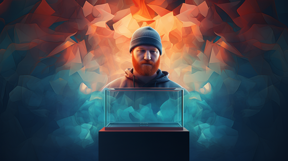 An image of me, behind a transparent poll box on a pedestal, generated by MidJourney.