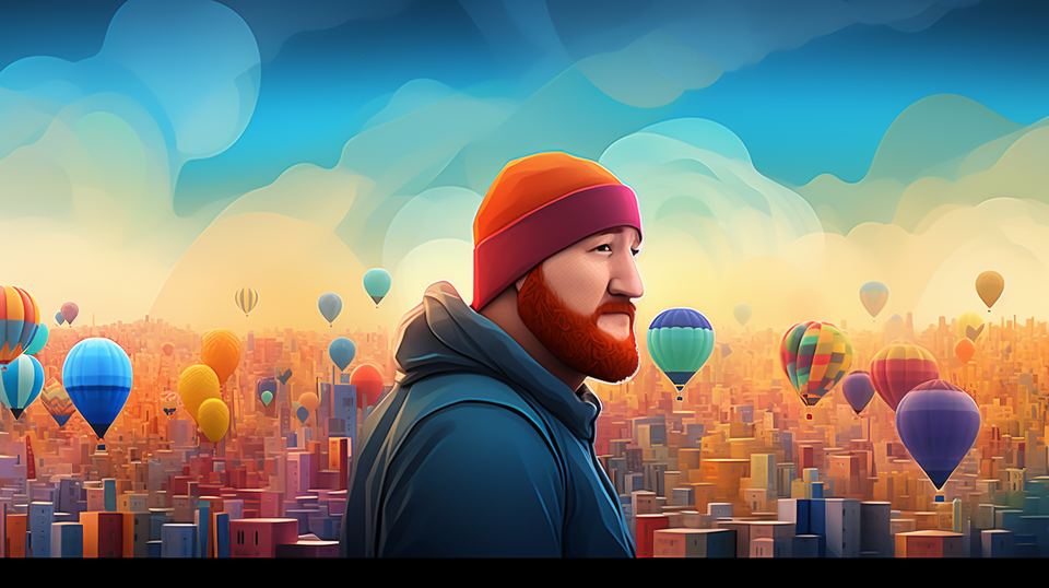 An image of me smiling in front of a sprawling city with lots of hot air balloons. As envisioned by MidJourney.
