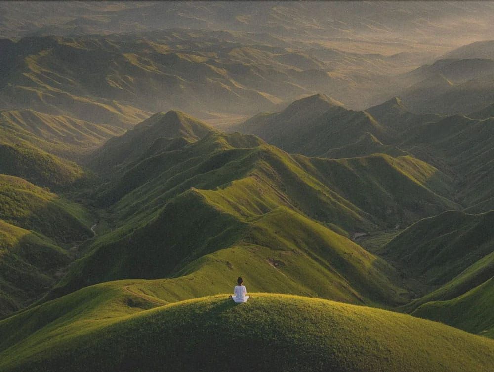 Girl in a white dress sitting on rolling green hills. | Teachings from Khawaja Shamsuddin Azeemi.