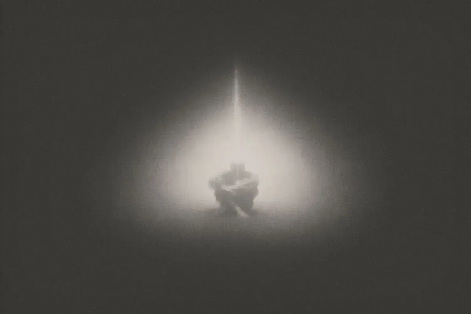Person in Muraqaba meditation under a beam of light; spiritual art inspired by Khawaja Shamsuddin Azeemi.