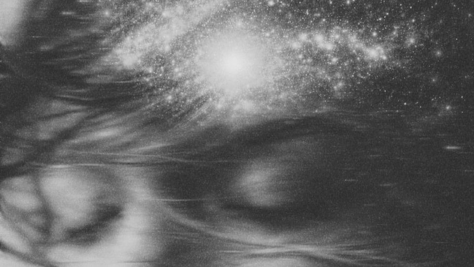  A black and white, grainy spiritual artwork featuring a radiant central light source | From the teachings of Khawaja Shamsuddin Azeemi (RA).