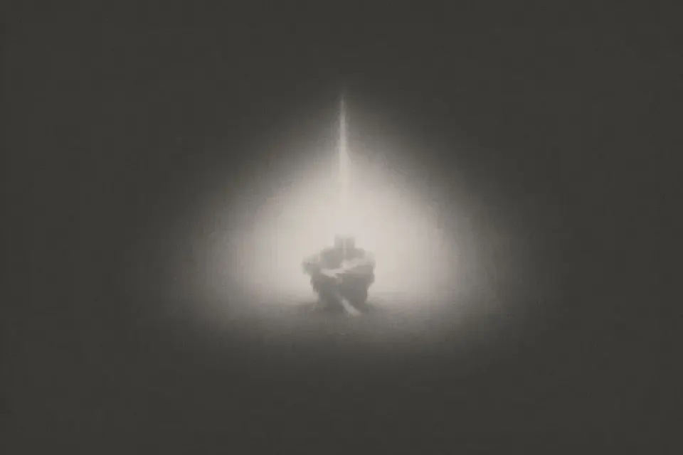 Person in Muraqaba meditation under a beam of light; spiritual art inspired by Khawaja Shamsuddin Azeemi.