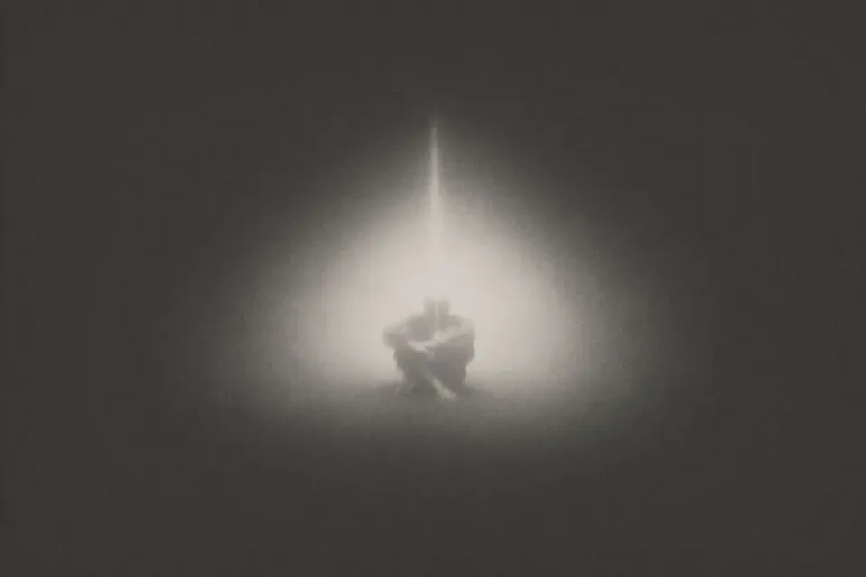 Person in Muraqaba meditation under a beam of light; spiritual art inspired by Khawaja Shamsuddin Azeemi.