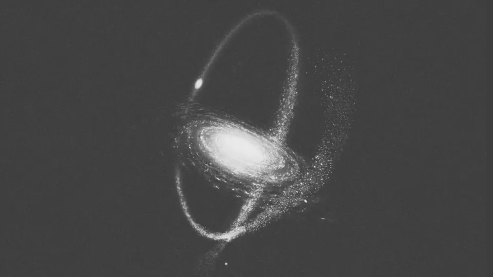  Grayscale illustration of a spiral galaxy encircled by a luminous orbital ring against a dark grey background | Teachings from Khawajah Shamsuddin Azeemi (RA).