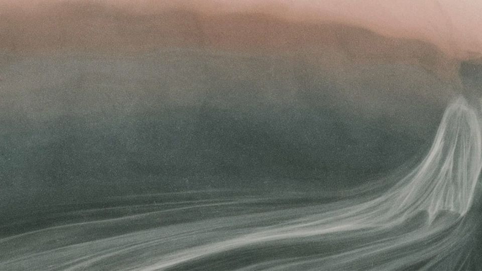 Abstract landscape with soft pink and grey-green tones, showing sweeping brushstroke-like forms suggesting mist or flowing water.  | Teachings from Khawajah Shamsuddin Azeemi (RA).
