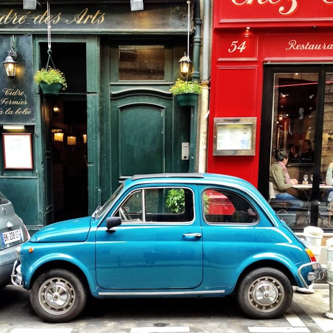 Turquoise Vintage Fiat 500 on Rue Saint Andre des Arts Paris France Turquoise Vintage Fiat 500 on Rue Saint Andre des Arts Paris France