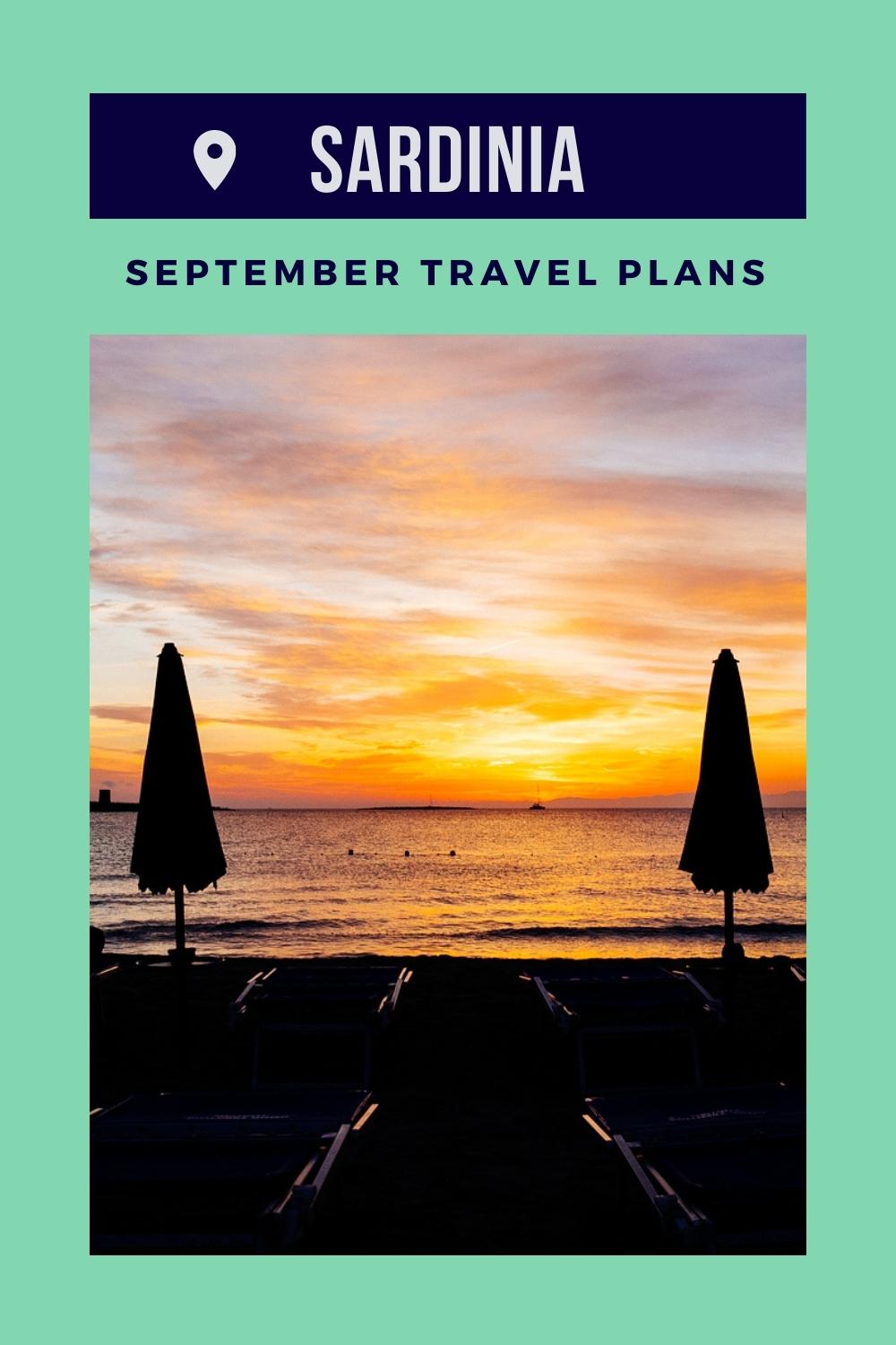 Sunset by the beach in Sardinia with beach umbrellas.