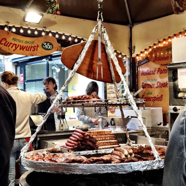 Meat cooked over hot coals.