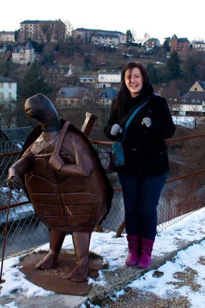 Uzerche turtle and me freezing my butt off.